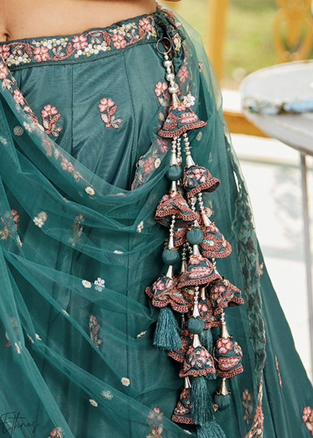 Deep Celadon Radiant Blossom Satin Lehenga