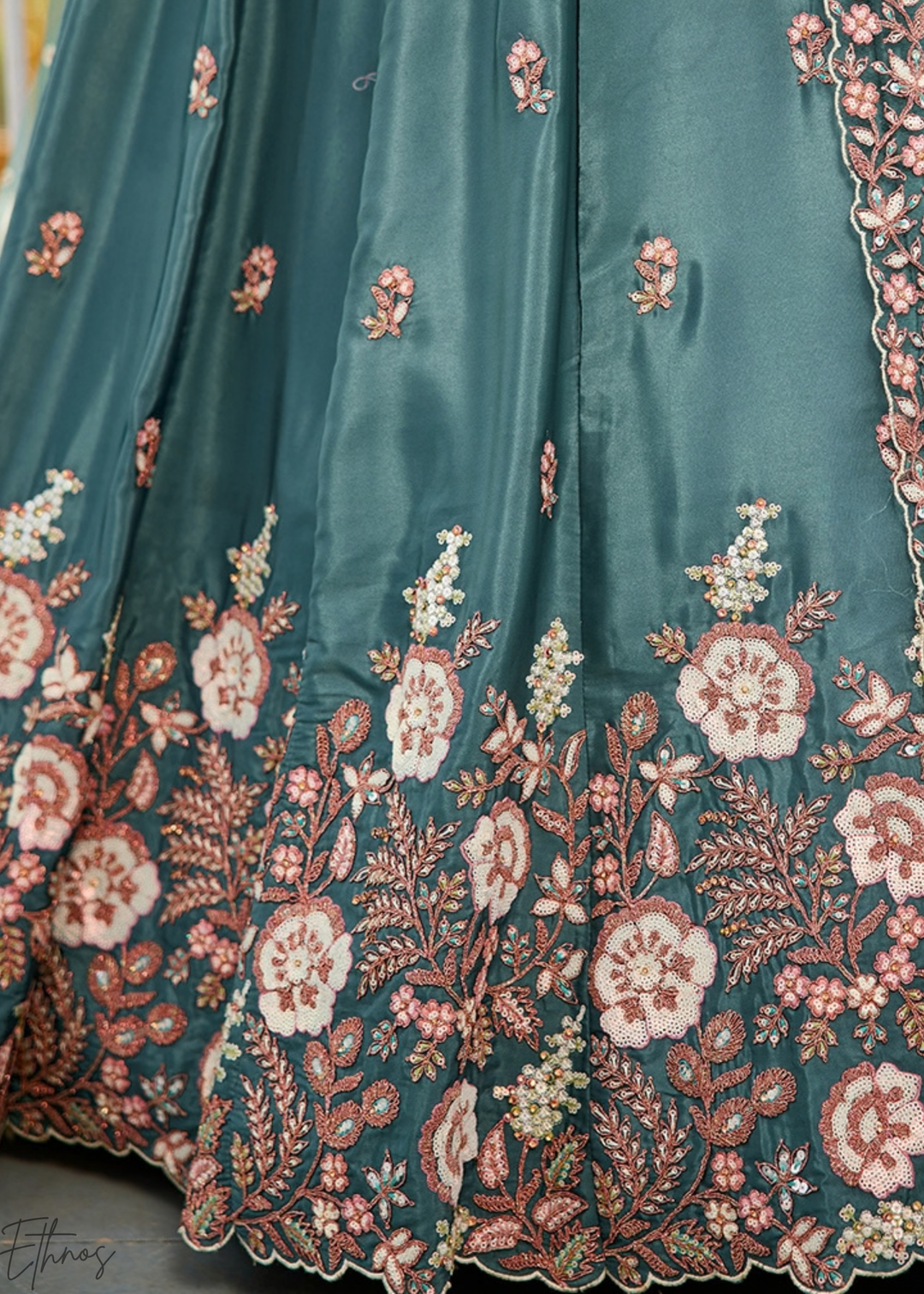 Deep Celadon Radiant Blossom Satin Lehenga