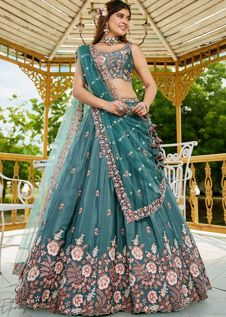 Deep Celadon Radiant Blossom Satin Lehenga