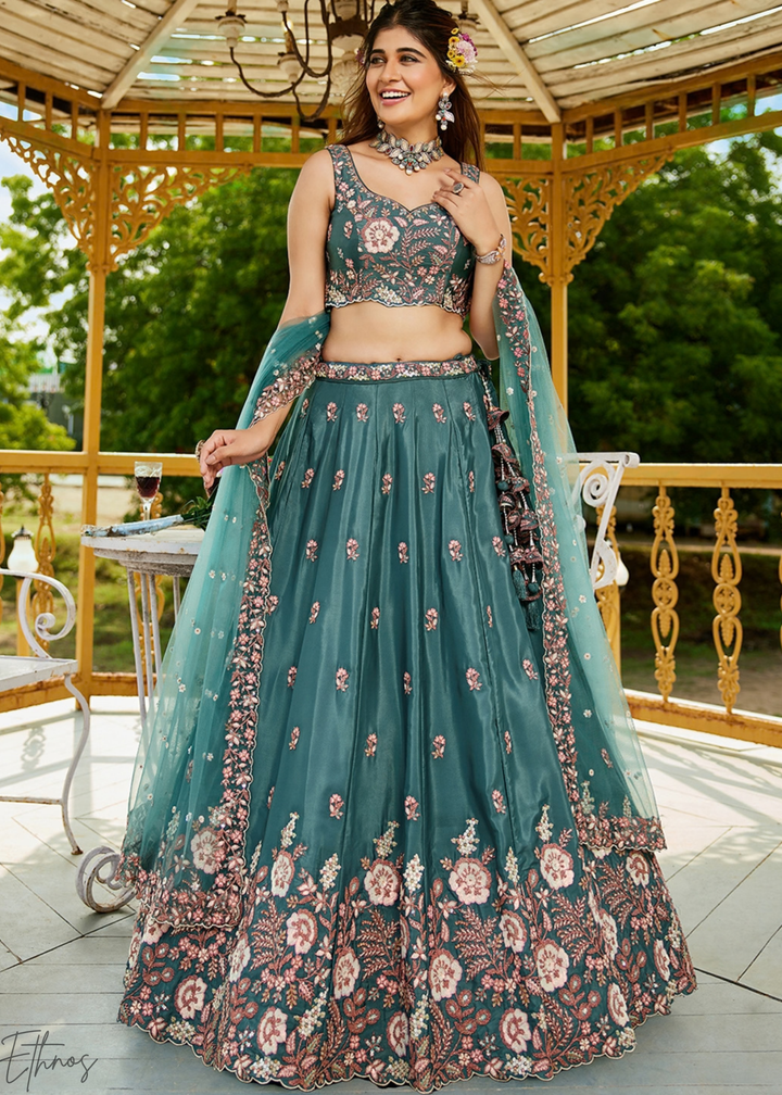 Deep Celadon Radiant Blossom Satin Lehenga