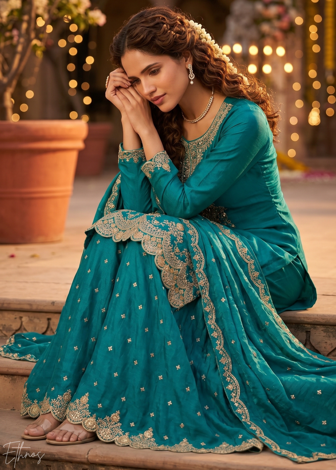 Deep Cerulean Regal-Embroidered Silk Sharara Suit