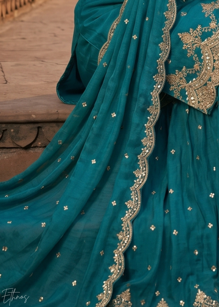 Deep Cerulean Regal-Embroidered Silk Sharara Suit