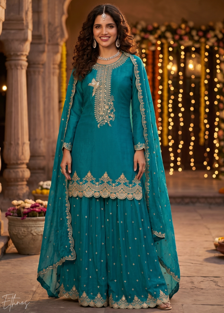 Deep Cerulean Regal-Embroidered Silk Sharara Suit