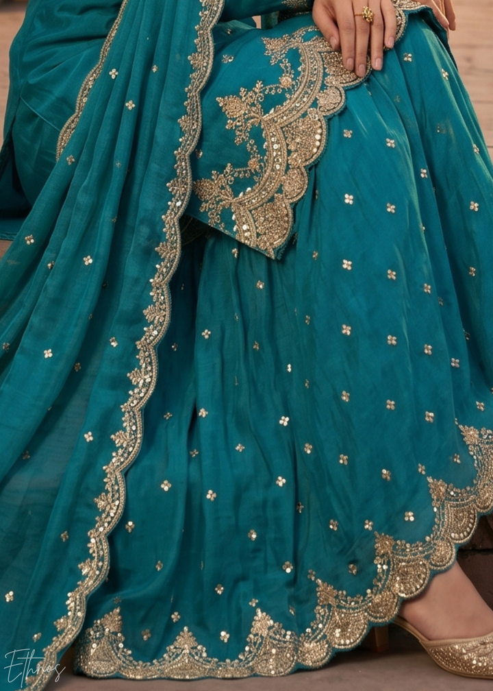 Deep Cerulean Regal-Embroidered Silk Sharara Suit