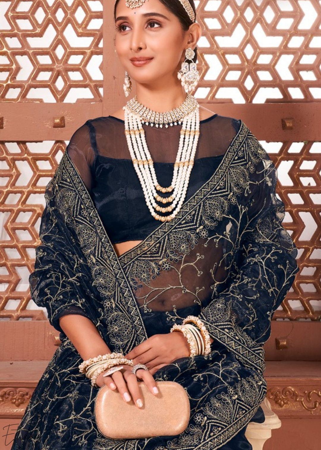 Deep Cobalt Glimmer-Bloom Tissue Art Silk Saree