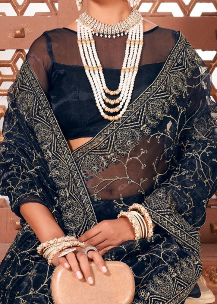 Deep Cobalt Glimmer-Bloom Tissue Art Silk Saree
