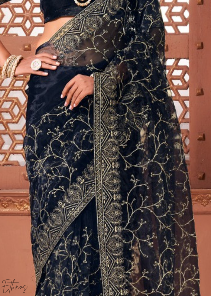 Deep Cobalt Glimmer-Bloom Tissue Art Silk Saree