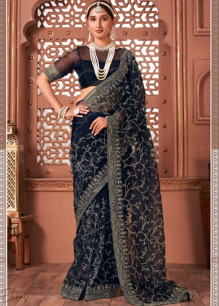 Deep Cobalt Glimmer-Bloom Tissue Art Silk Saree