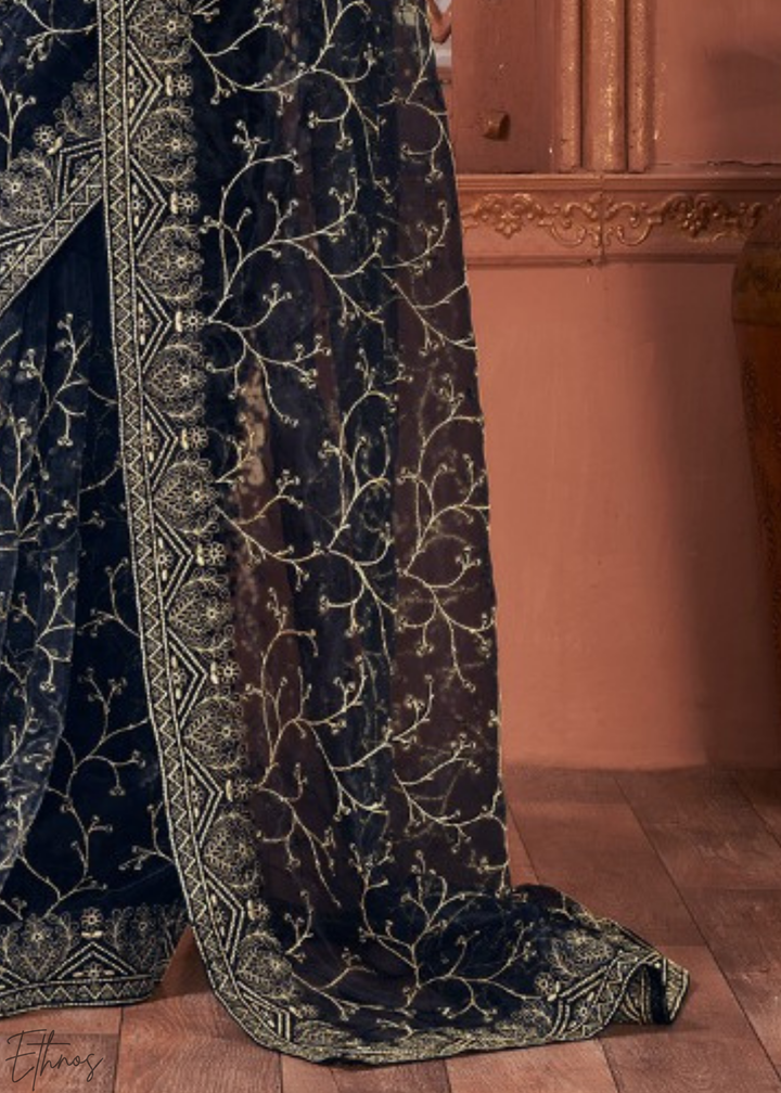 Deep Cobalt Glimmer-Bloom Tissue Art Silk Saree