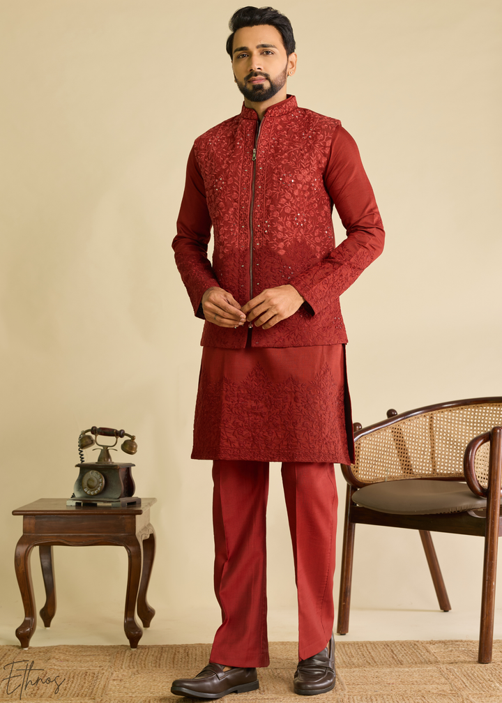 Deep Crimson Blossom-Vine Silk Tunic Vest Set