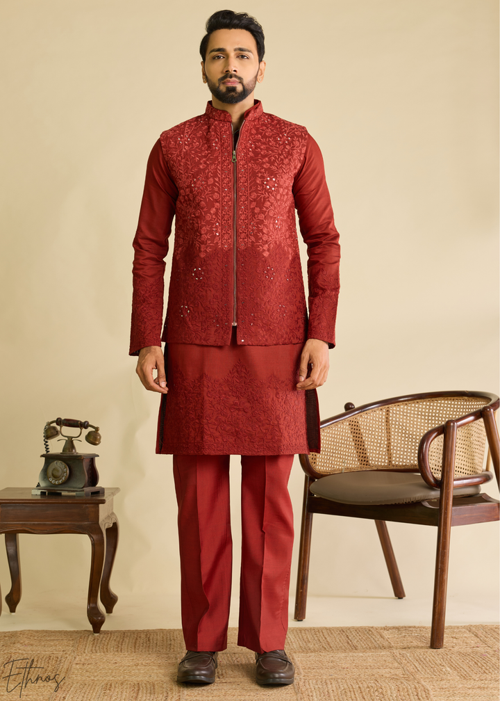 Deep Crimson Blossom-Vine Silk Tunic Vest Set