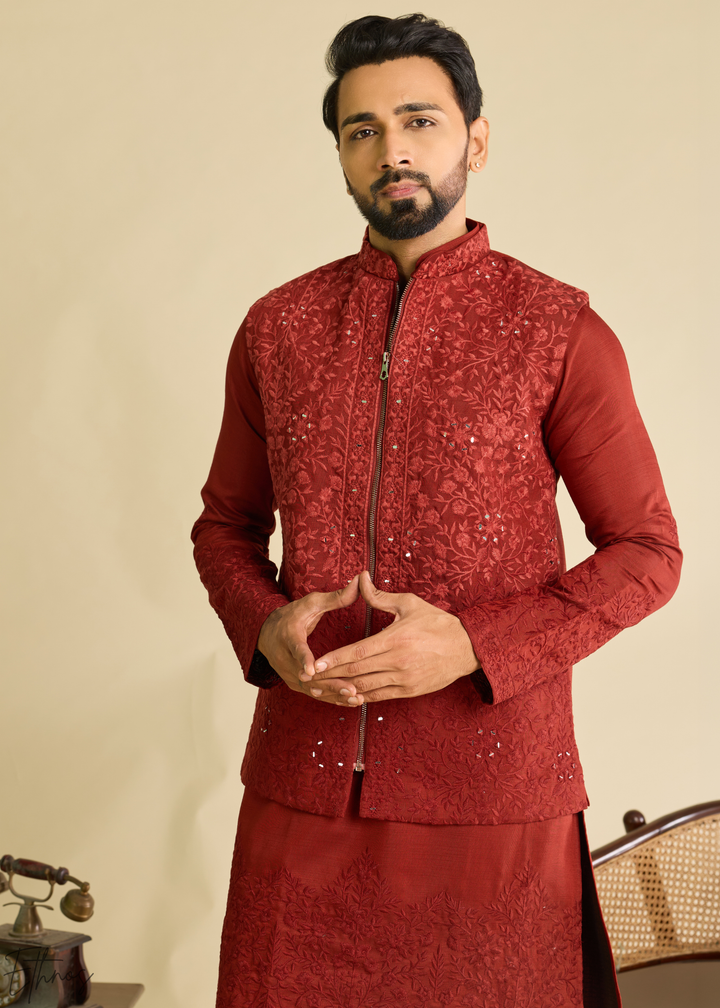 Deep Crimson Blossom-Vine Silk Tunic Vest Set