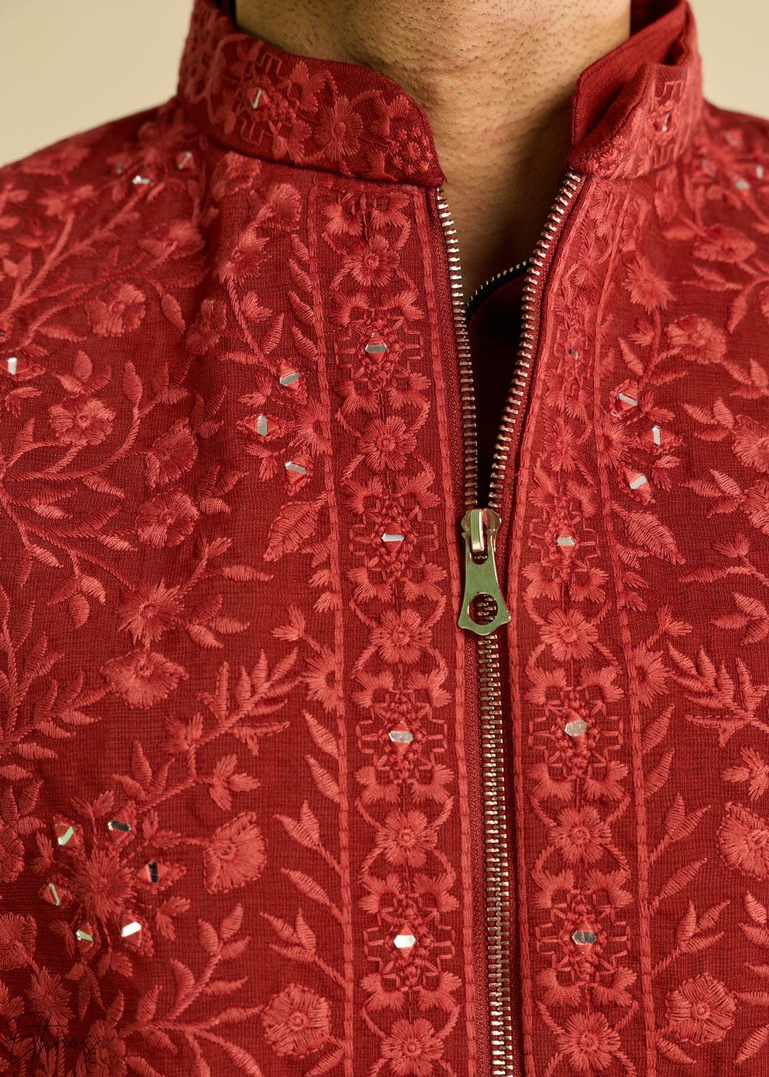 Deep Crimson Blossom-Vine Silk Tunic Vest Set