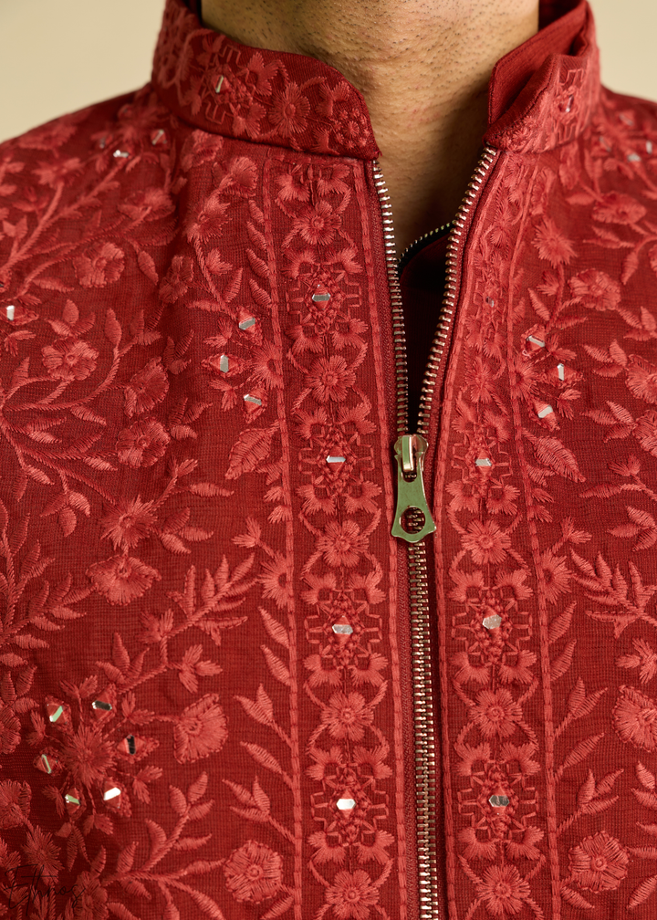 Deep Crimson Blossom-Vine Silk Tunic Vest Set