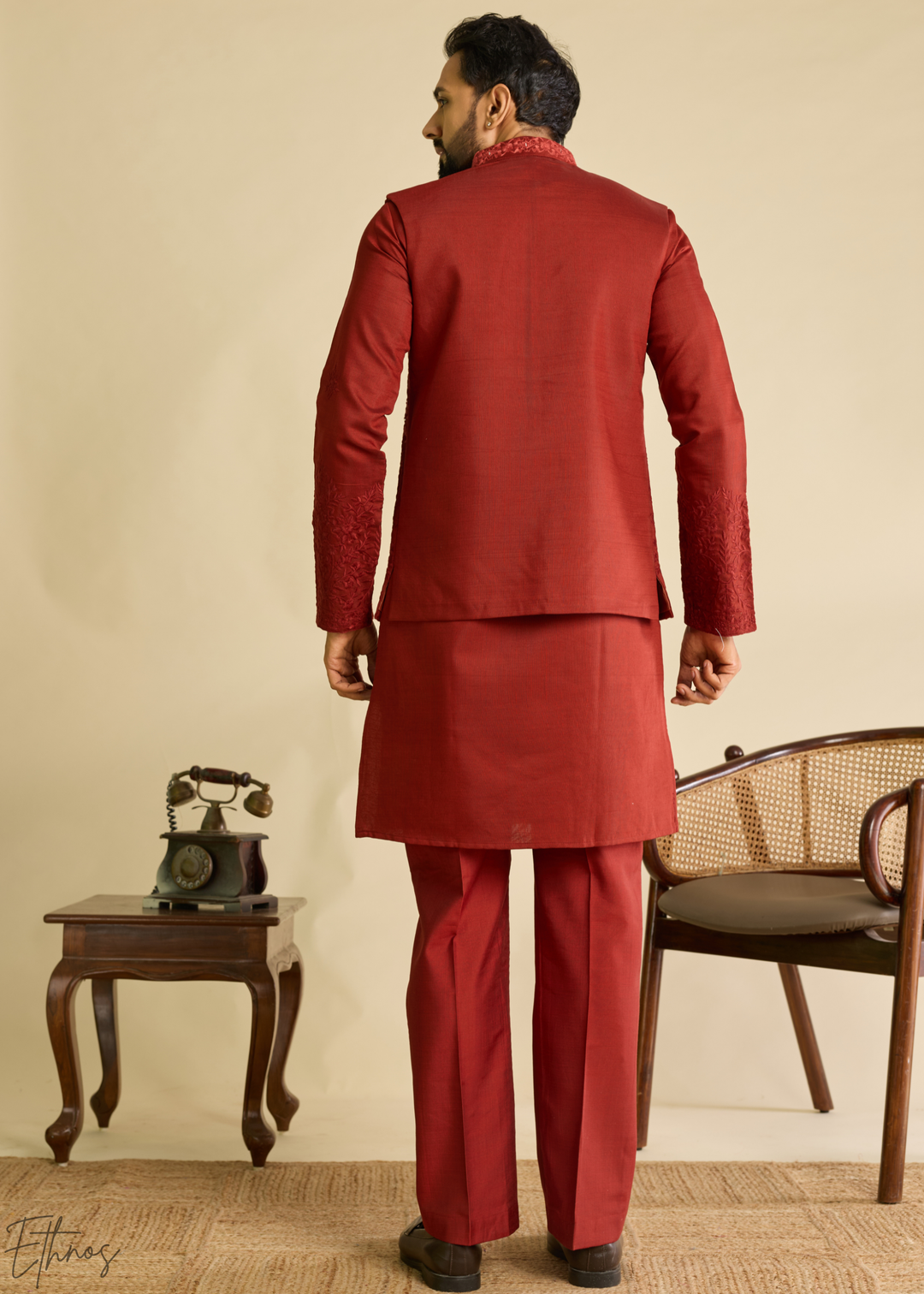 Deep Crimson Blossom-Vine Silk Tunic Vest Set