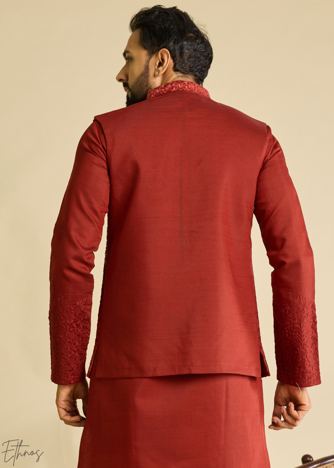 Deep Crimson Blossom-Vine Silk Tunic Vest Set