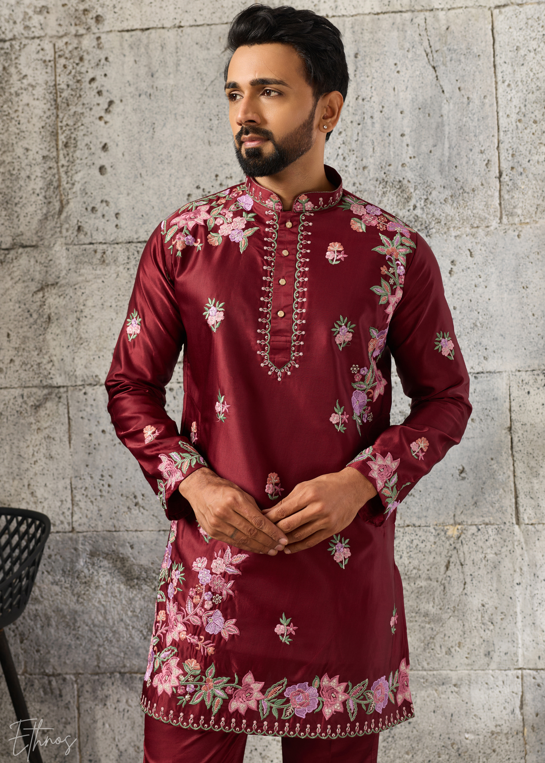 Deep Crimson Botanical-Embroidered Silk Kurta Pajama Set