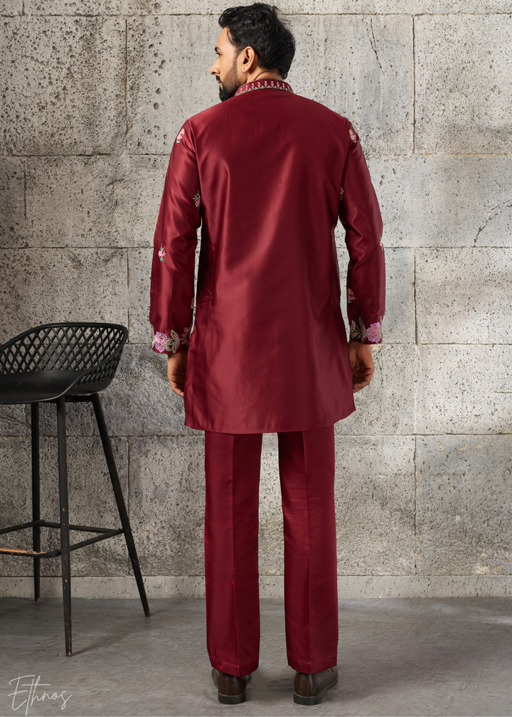 Deep Crimson Botanical-Embroidered Silk Kurta Pajama Set