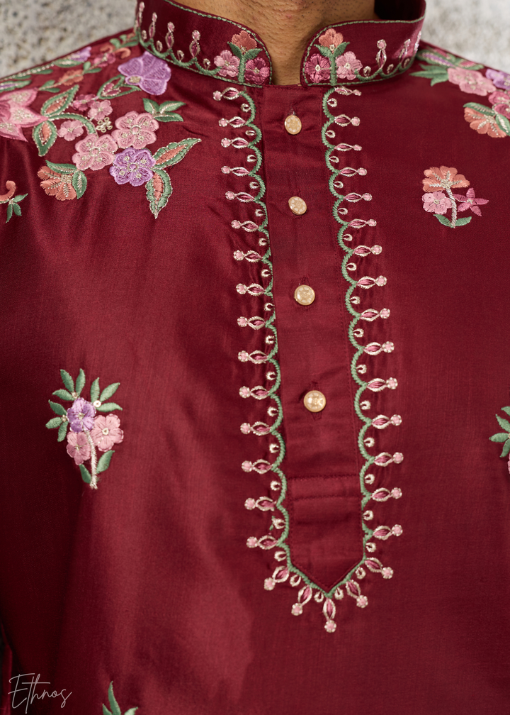 Deep Crimson Botanical-Embroidered Silk Kurta Pajama Set