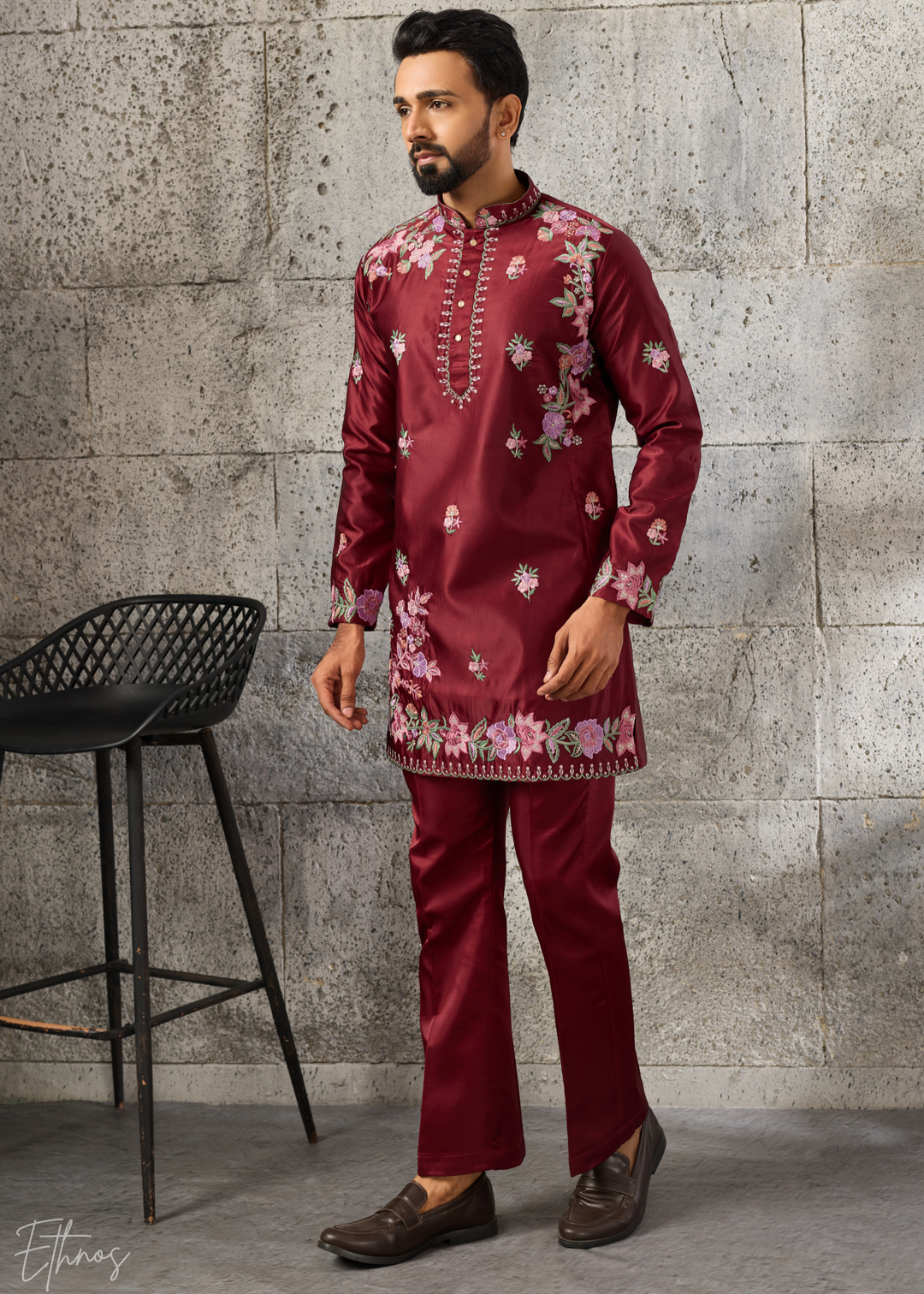 Deep Crimson Botanical-Embroidered Silk Kurta Pajama Set