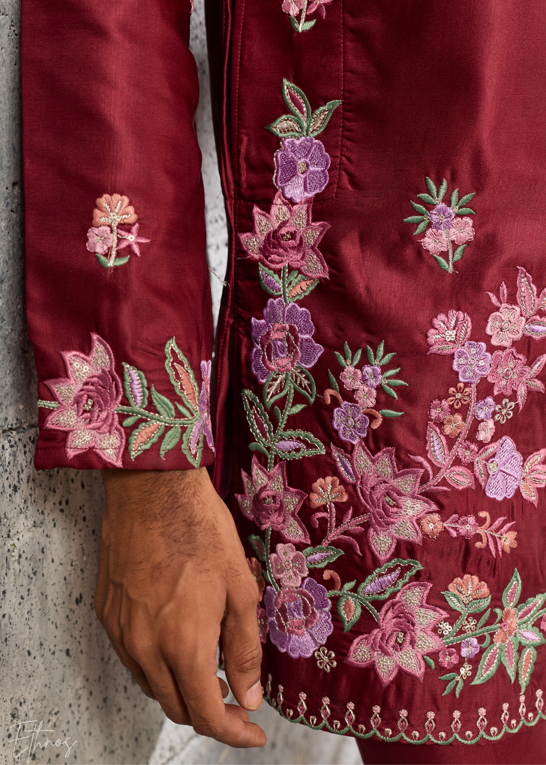 Deep Crimson Botanical-Embroidered Silk Kurta Pajama Set
