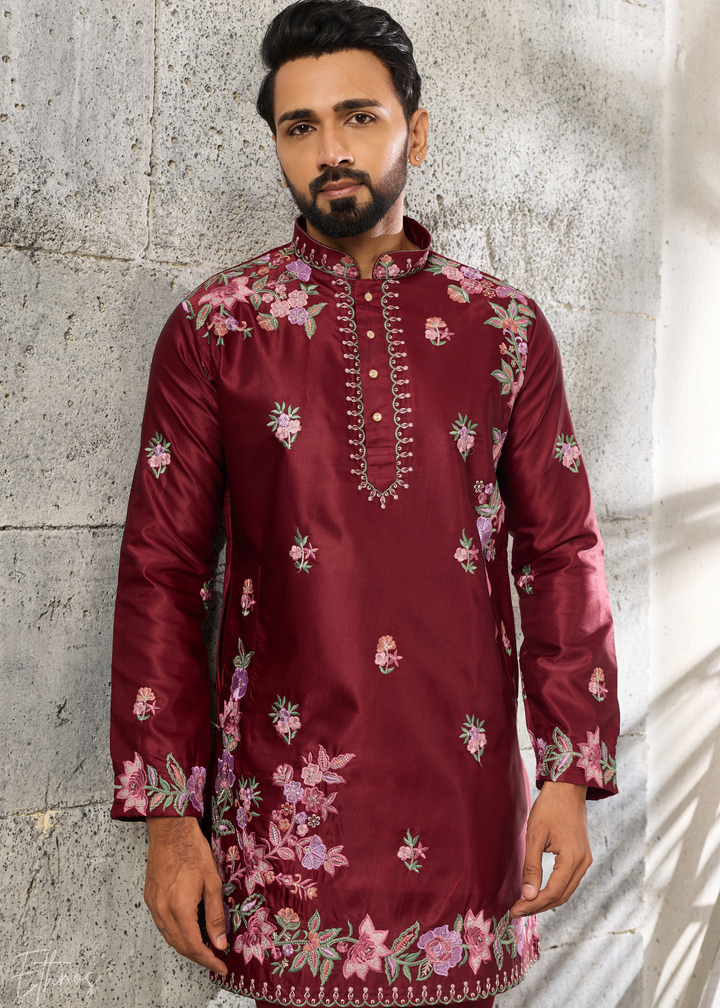 Deep Crimson Botanical-Embroidered Silk Kurta Pajama Set