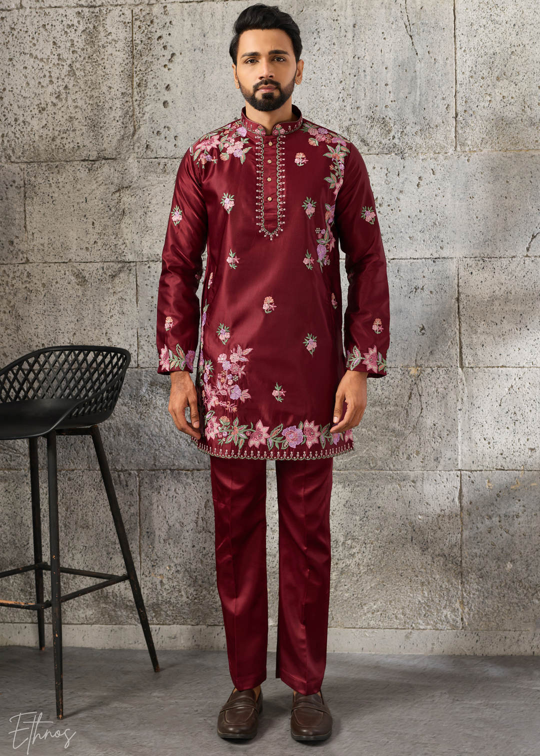 Deep Crimson Botanical-Embroidered Silk Kurta Pajama Set