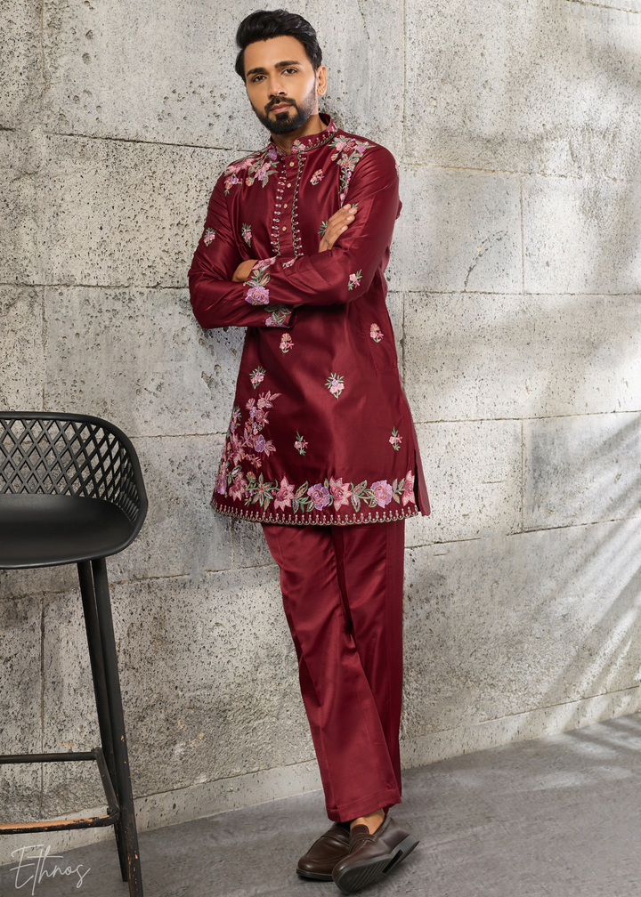 Deep Crimson Botanical-Embroidered Silk Kurta Pajama Set