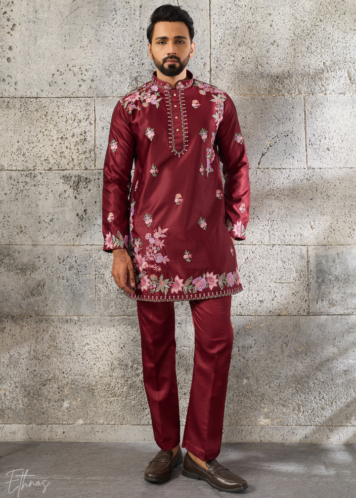 Deep Crimson Botanical-Embroidered Silk Kurta Pajama Set