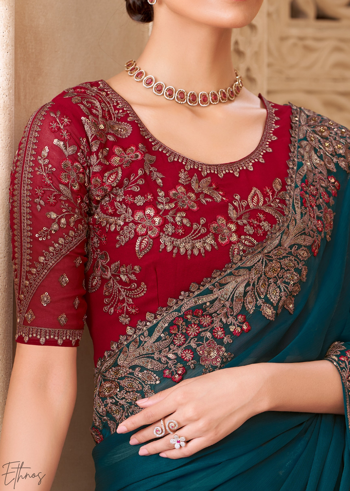 Deep Emerald Classic Border Satin Georgette Saree