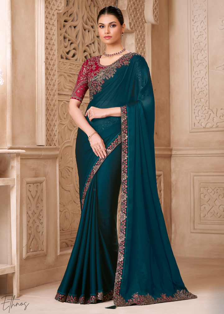 Deep Emerald Classic Border Satin Georgette Saree
