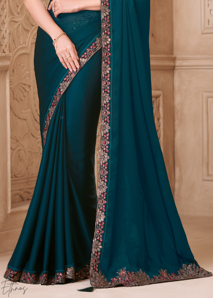Deep Emerald Classic Border Satin Georgette Saree