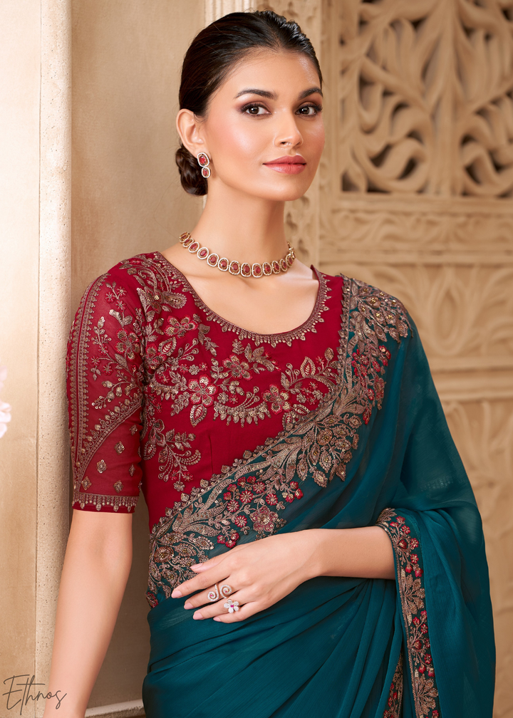 Deep Emerald Classic Border Satin Georgette Saree