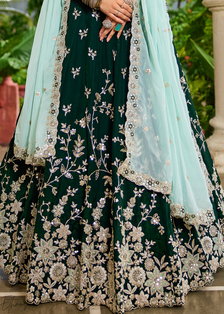 Deep Emerald Radiant Blossom Organza Lehenga