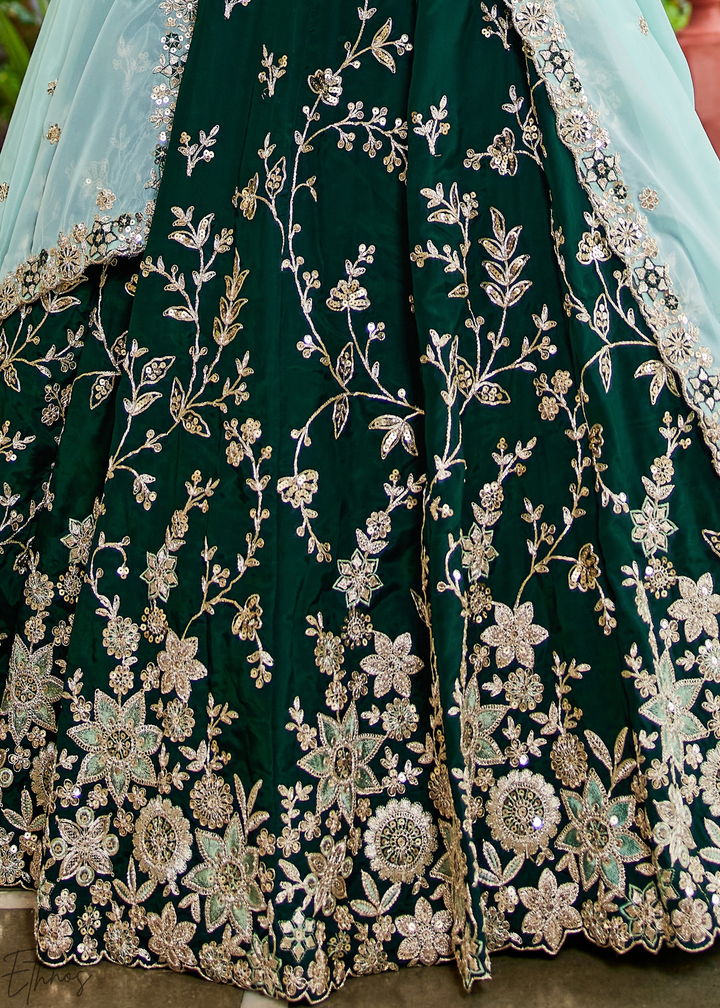 Deep Emerald Radiant Blossom Organza Lehenga