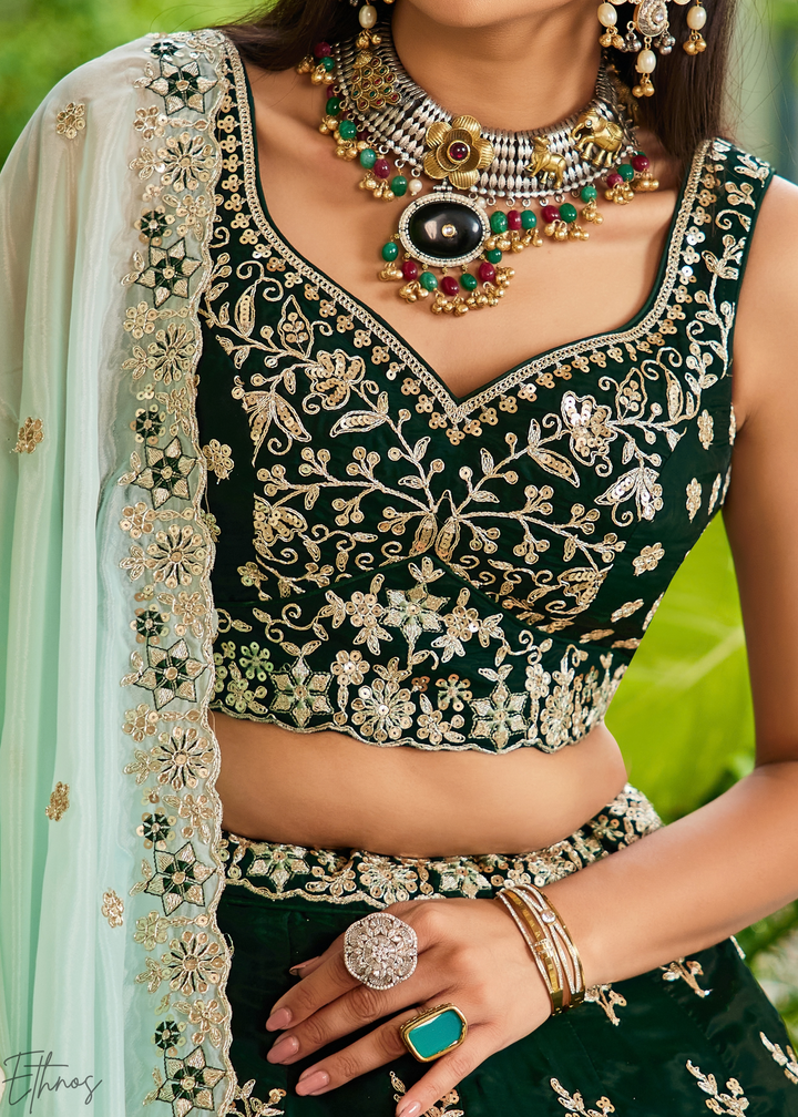 Deep Emerald Radiant Blossom Organza Lehenga