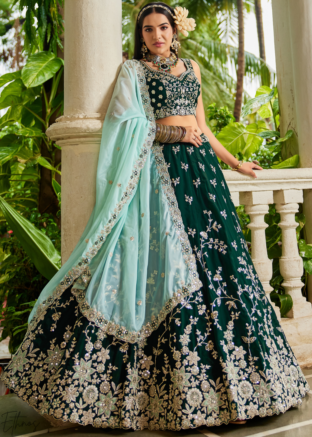 Deep Emerald Radiant Blossom Organza Lehenga