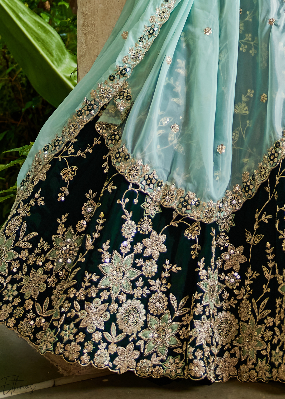 Deep Emerald Radiant Blossom Organza Lehenga