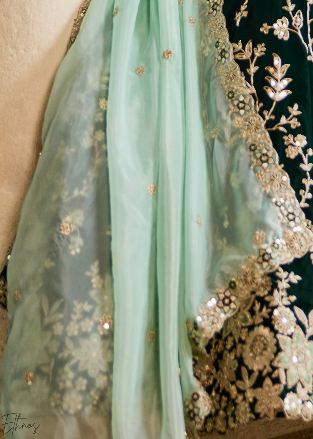 Deep Emerald Radiant Blossom Organza Lehenga