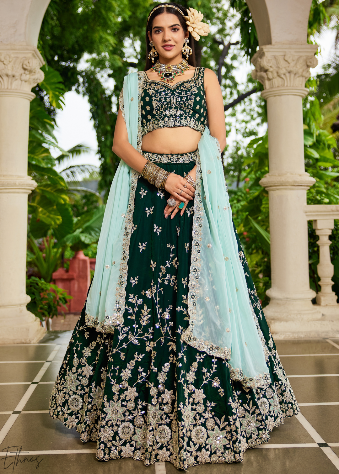 Deep Emerald Radiant Blossom Organza Lehenga