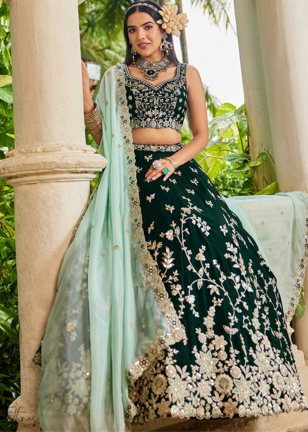 Deep Emerald Radiant Blossom Organza Lehenga