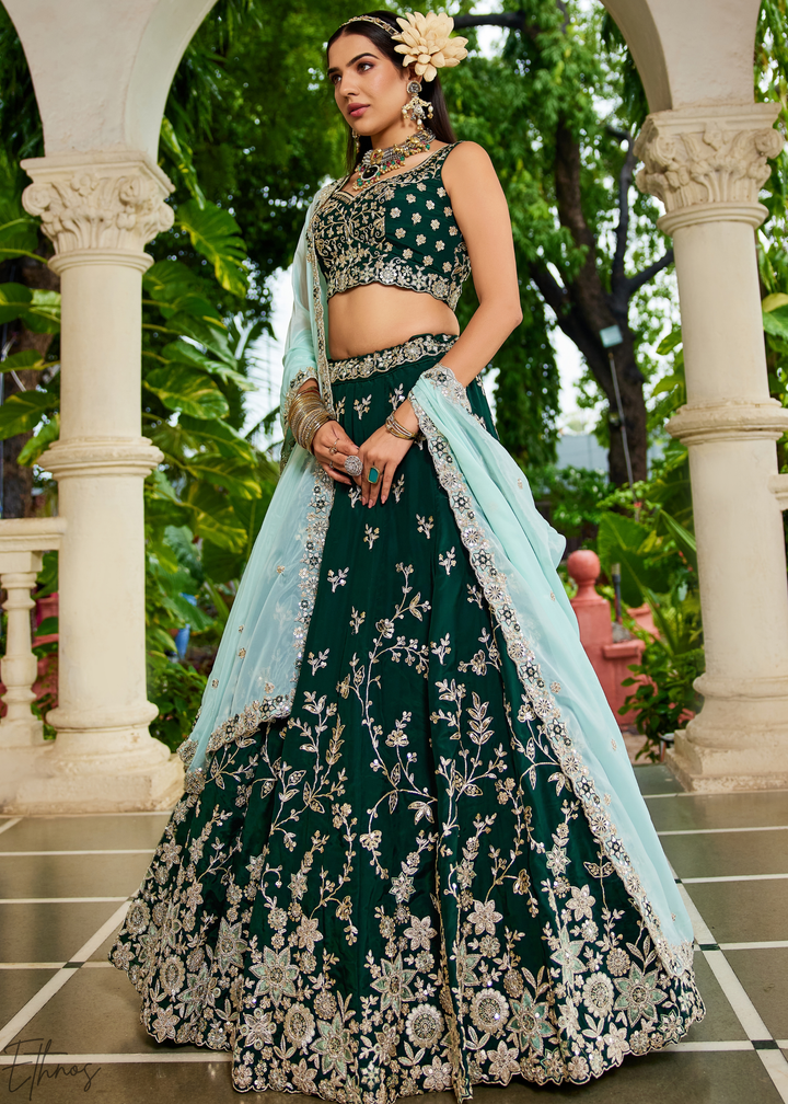 Deep Emerald Radiant Blossom Organza Lehenga