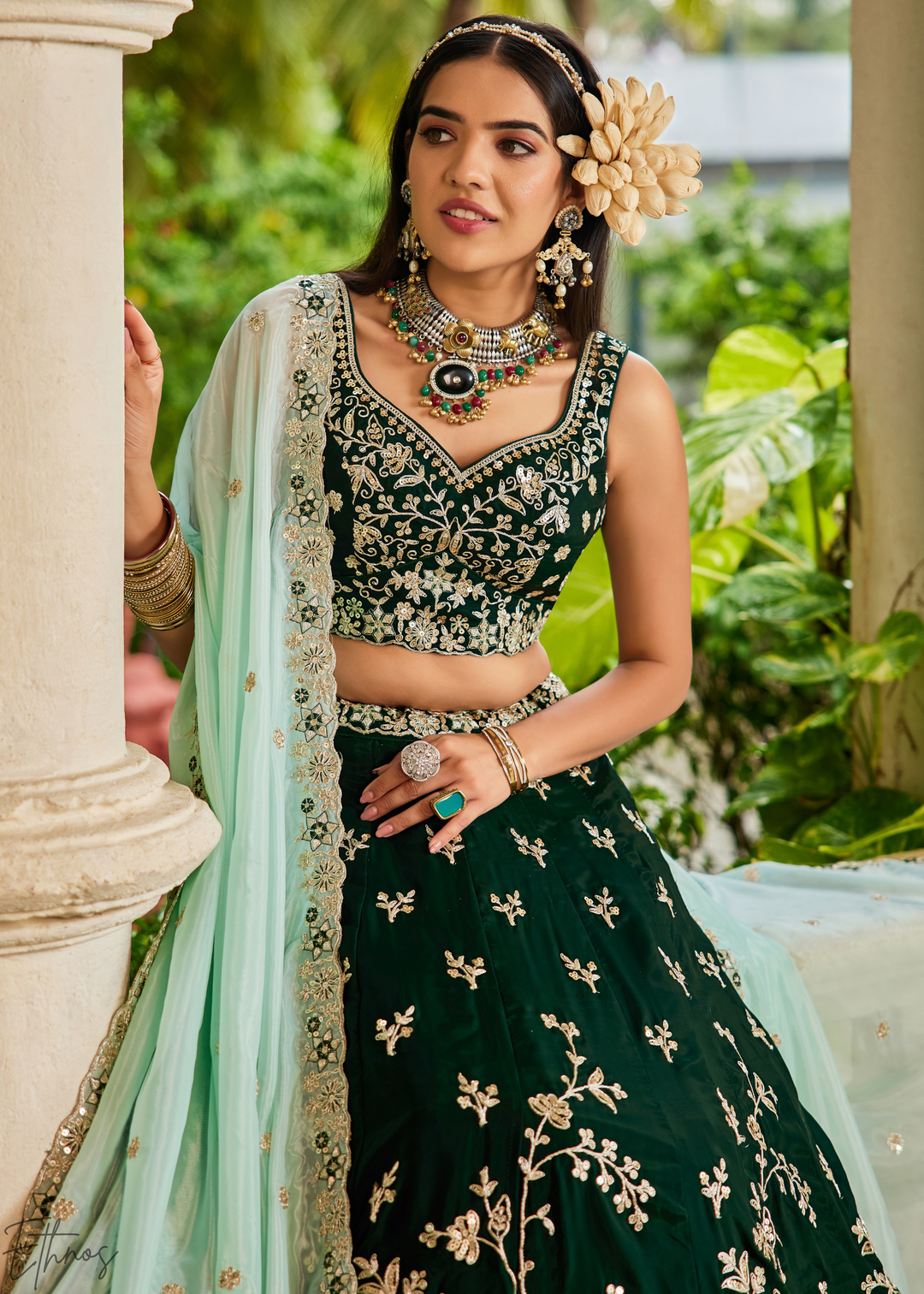Deep Emerald Radiant Blossom Organza Lehenga