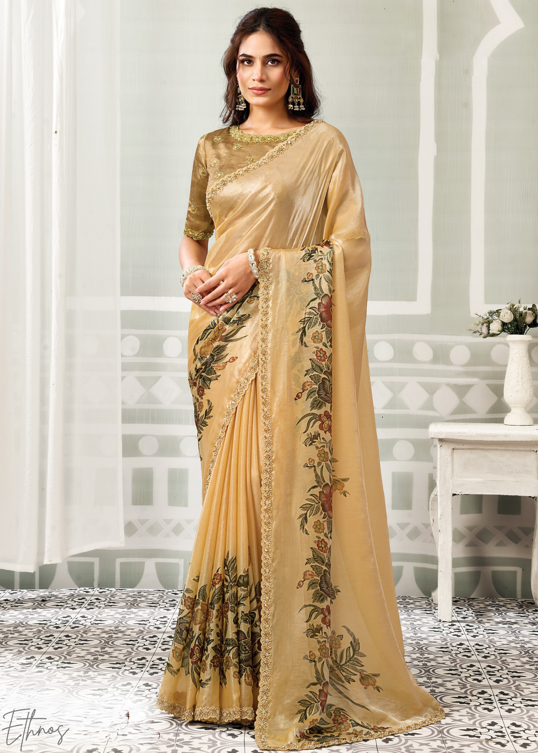 Deep Gold Floral Satin Silk Saree