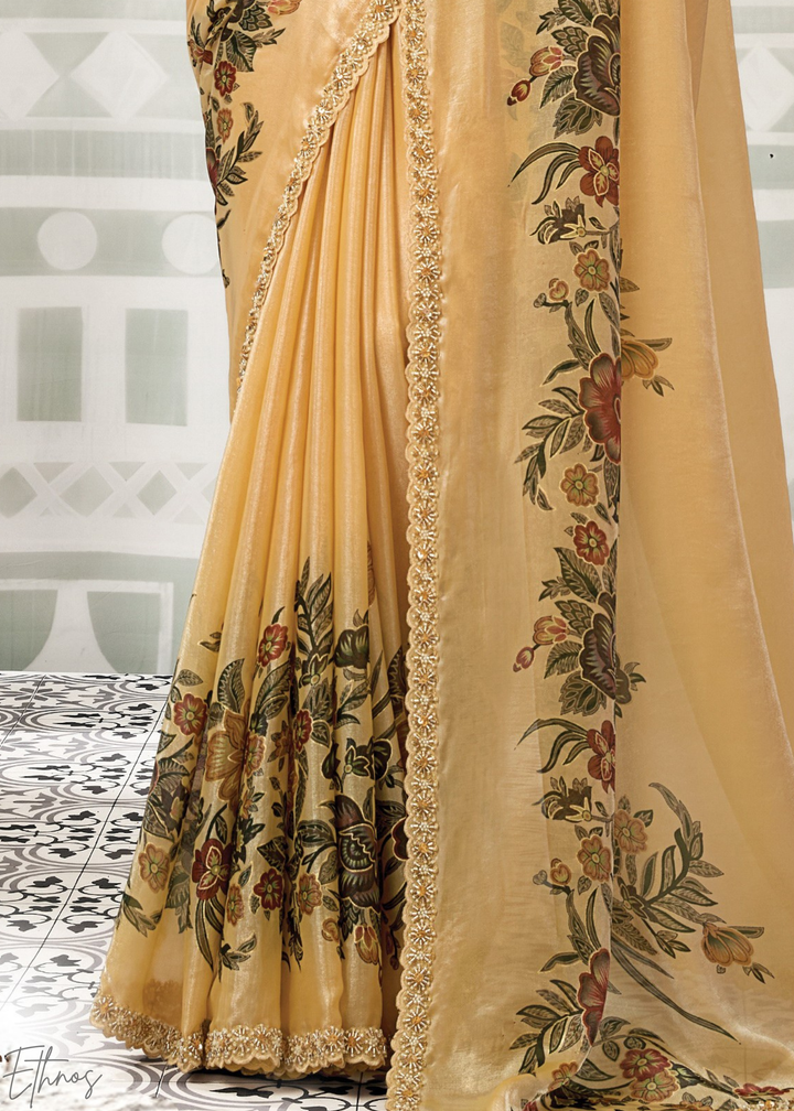 Deep Gold Floral Satin Silk Saree