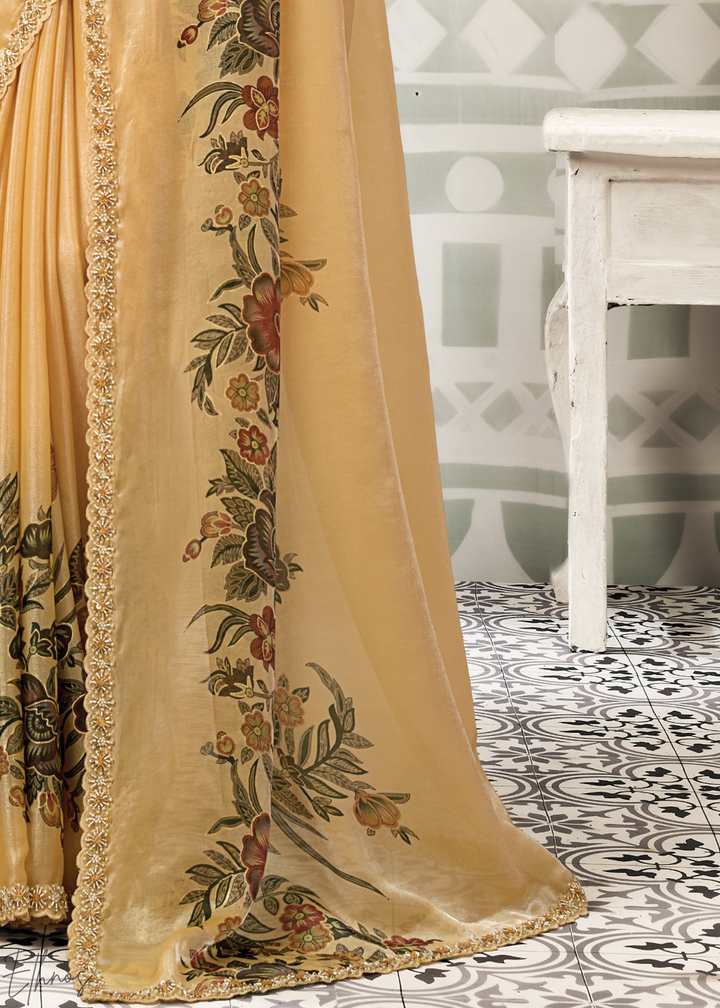 Deep Gold Floral Satin Silk Saree