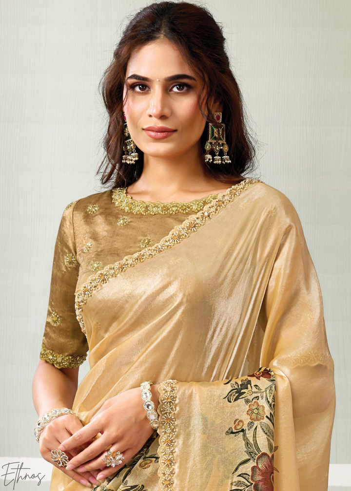 Deep Gold Floral Satin Silk Saree