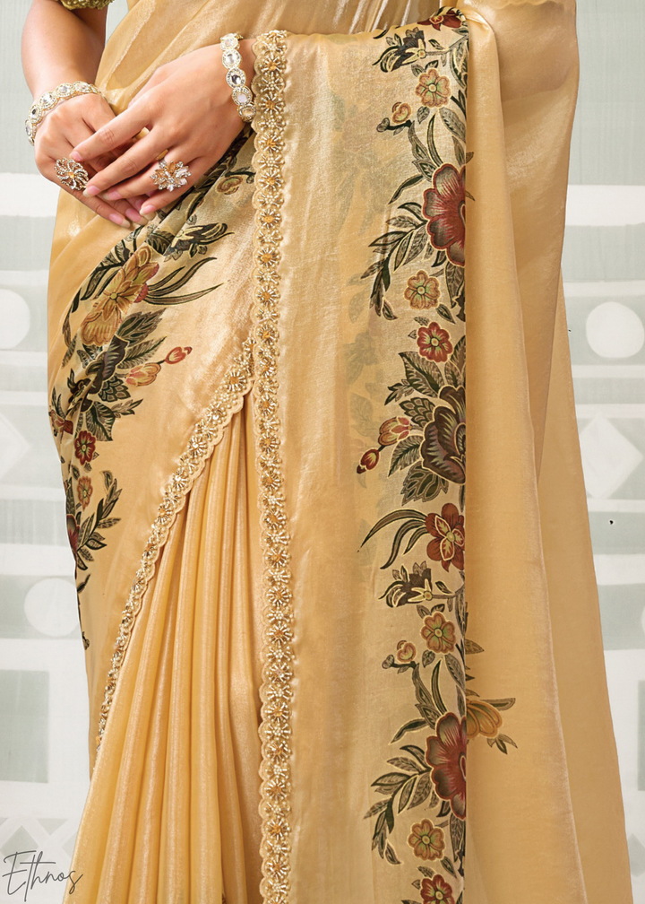 Deep Gold Floral Satin Silk Saree