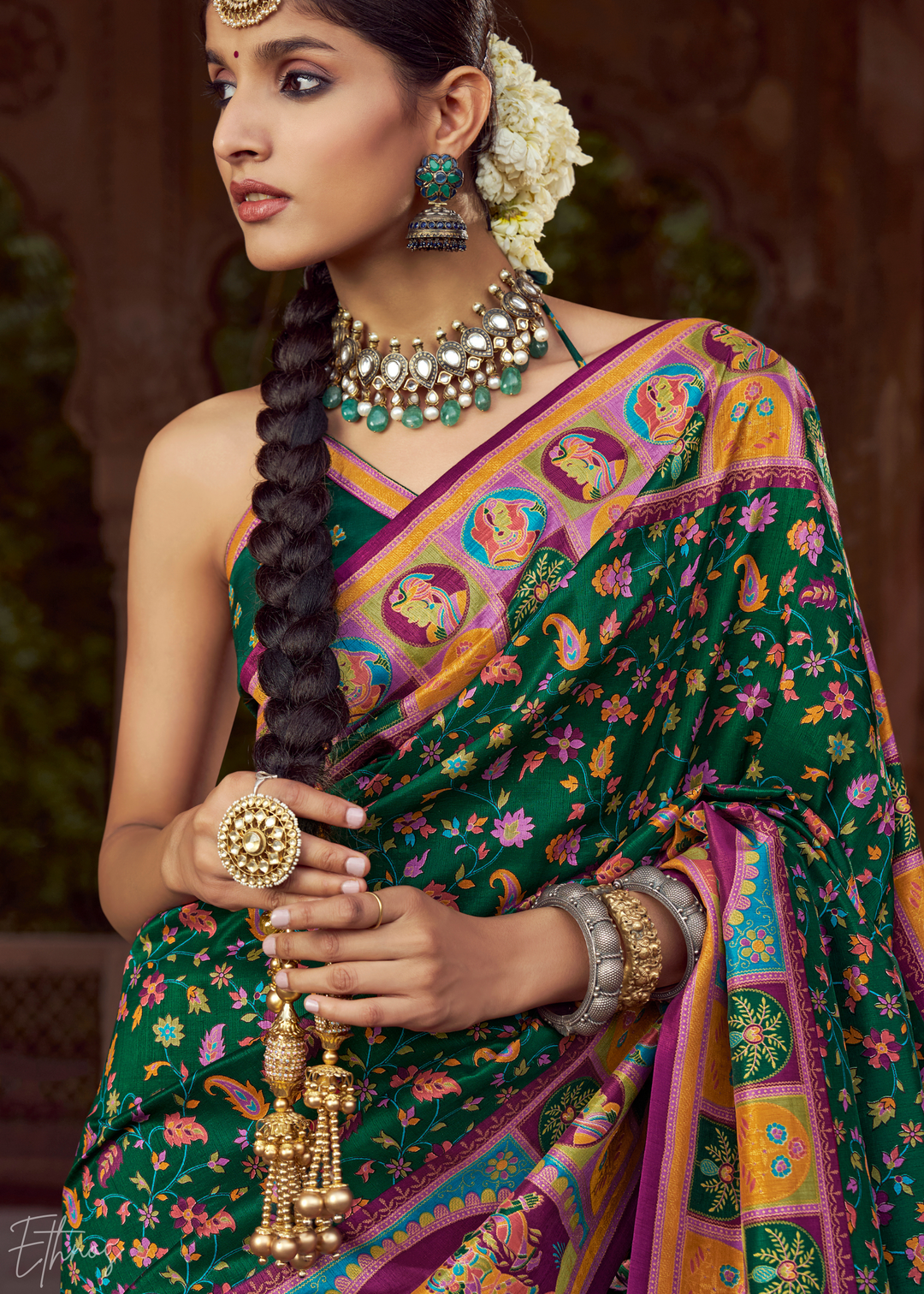 Deep Green Floral Silk Saree