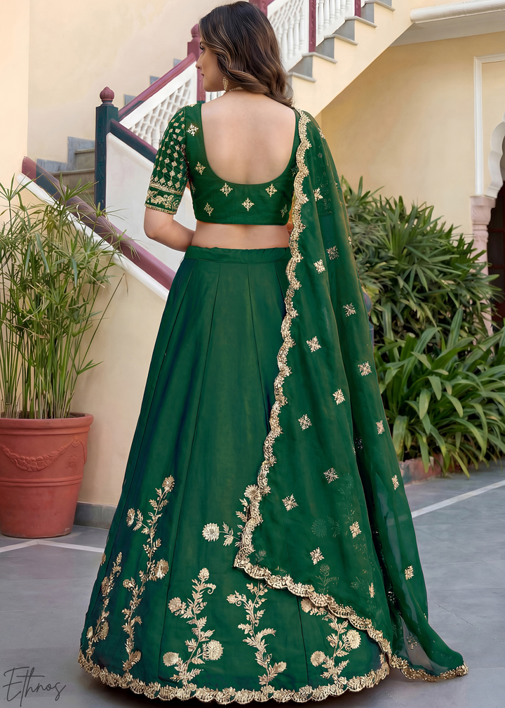 Deep Green Floret Zari Rangoli Silk Lehenga